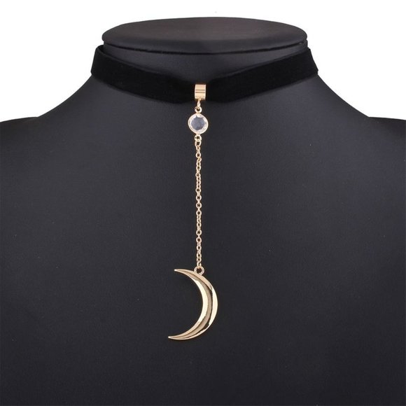 Jewelry - Moon Necklace w/Rhinestone on Velvet Ribbon Choker